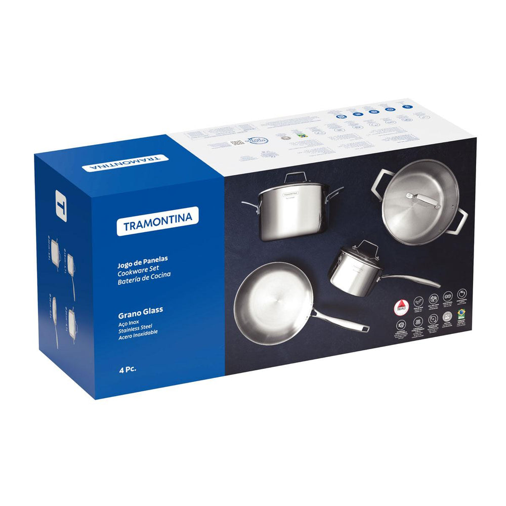 Jogo de Panelas Grano Glass em Aço Inox Corpo Triplo Tampa de Vidro 4 Peças - Tramontina 65140004