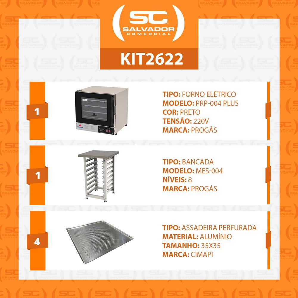 Kit Forno Turbo Elétrico PRP-004 Plus 220V Preto + Bancada MES-004 Progás + 4 Assadeiras Cimapi
