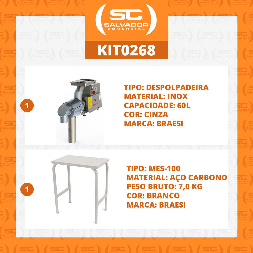 Kit Despolpadeira Extrator de Polpa de Frutas 3 Peneiras 60 Litros DES-60 Bivolt + Mesa Mes-100 - Braesi