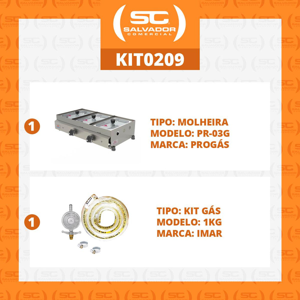 Kit Molheira Salsicheira a Gás Profissional 3 Cubas 2 Quentes PR-03G + Kit Gás - Progás