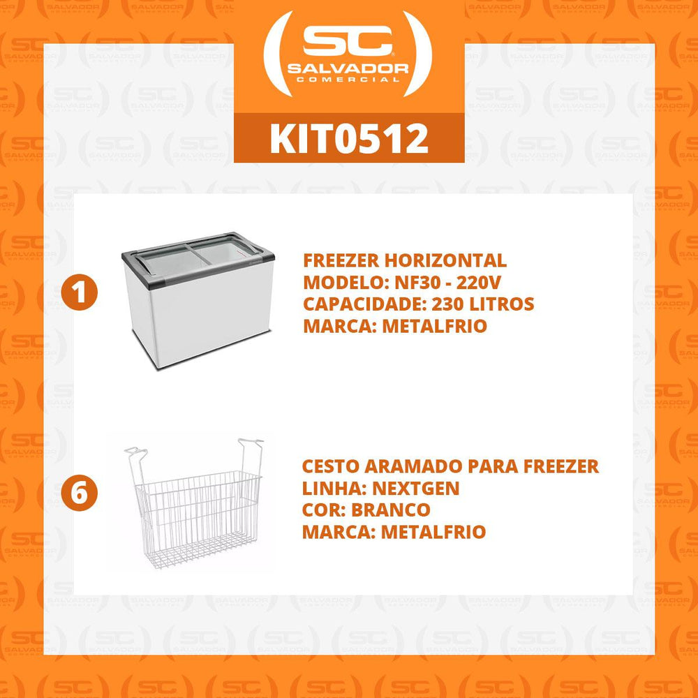 Kit - Freezer Horizontal Tampa de Vidro 231/292 Litros Nf30 - Metalfrio 220v + 6 Cestos Nextgen Branco