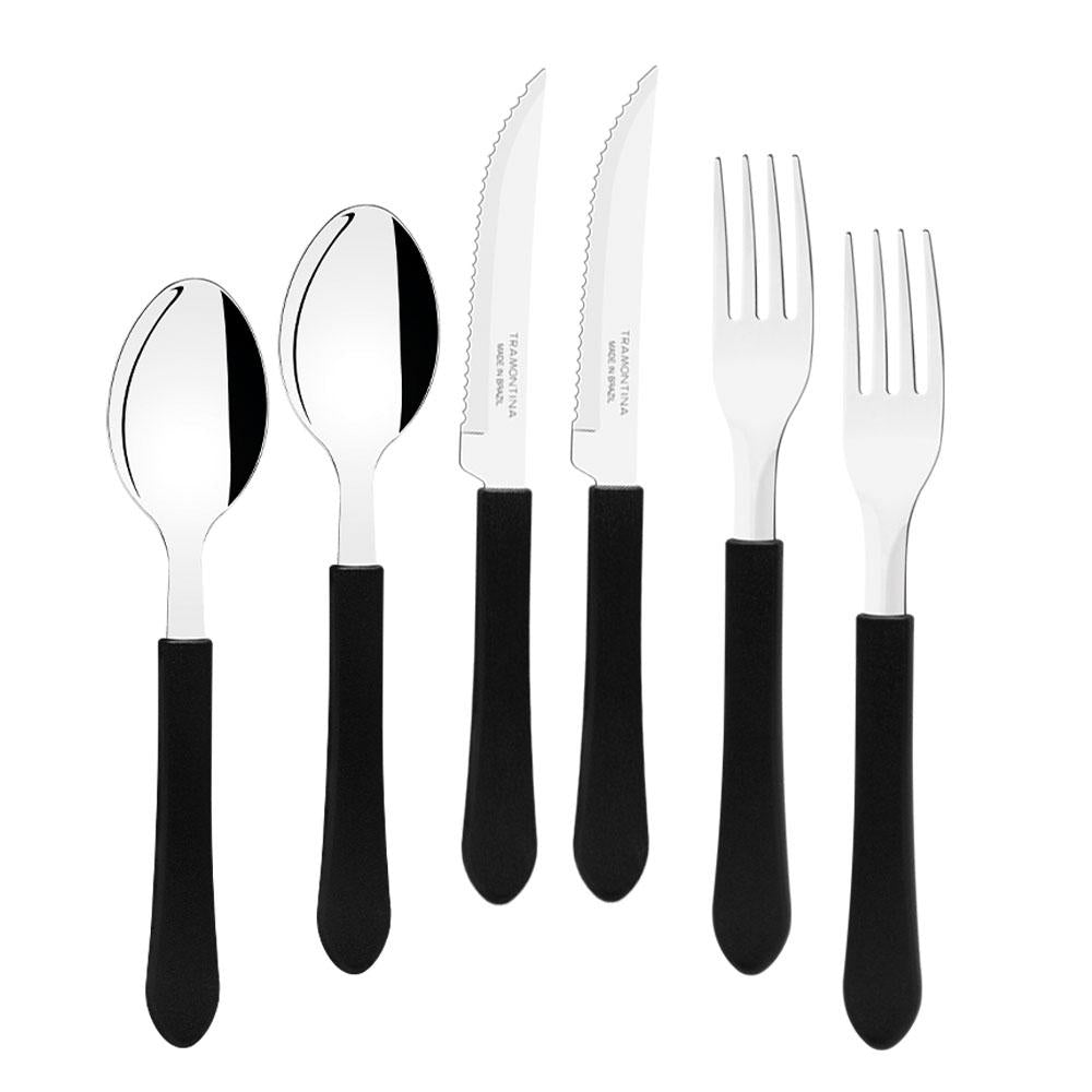 Kit Jogo de Facas, Garfos e Colheres Leme 18 Peças em Aço Inox Cabo Preto PBAG - Tramontina