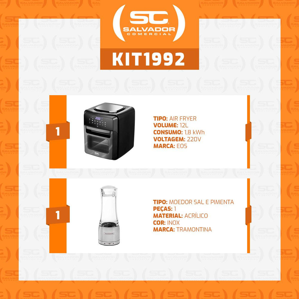 Kit Air Fryer Fritadeira Sem Óleo Toutch EAF12T 220V EOS + Moedor Sal e Pimenta Realce G Tramontina