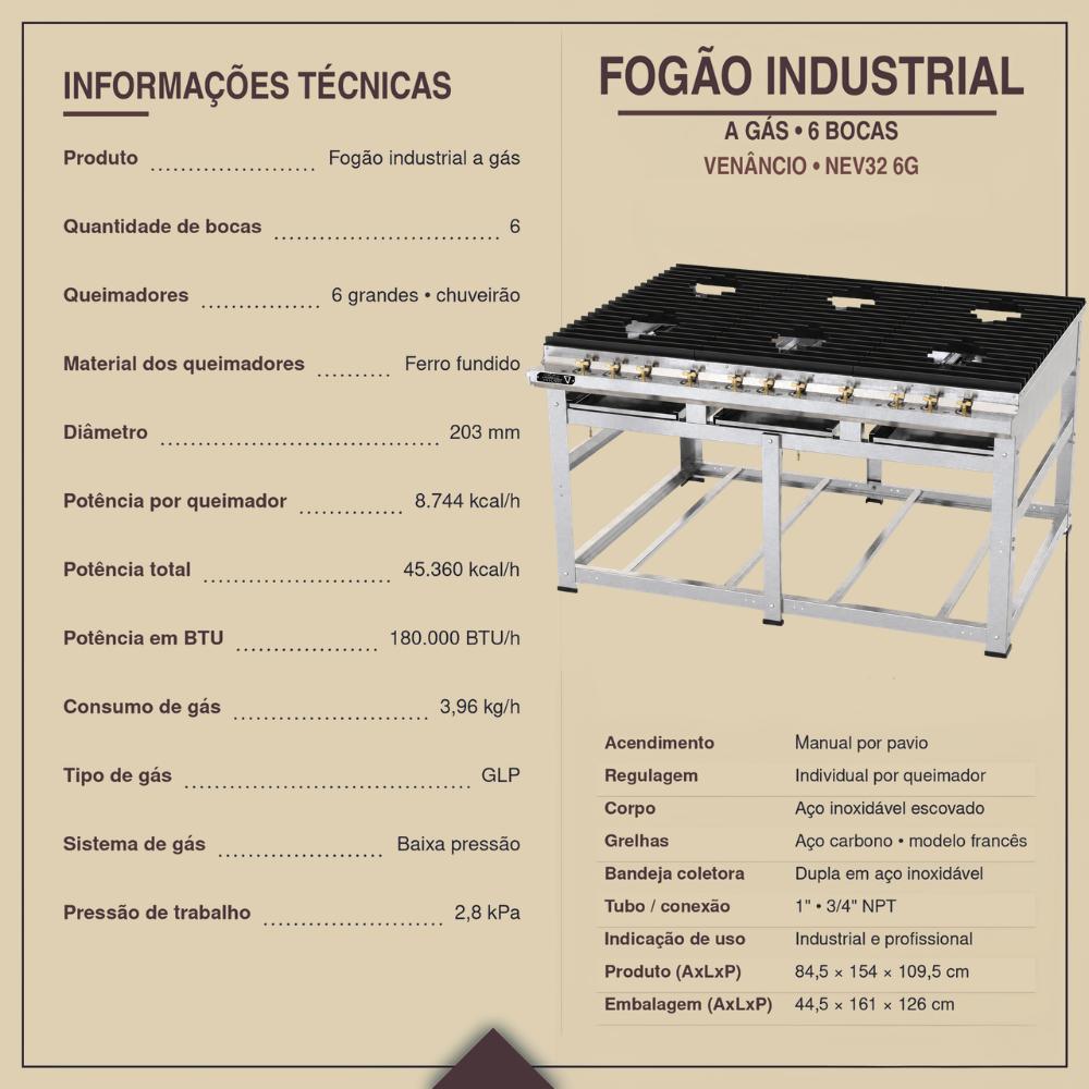 Fogão Industrial Gás Nova Era Inox 6 Bocas 6 Queimadores Grandes Nev32 6g - Venâncio 57478