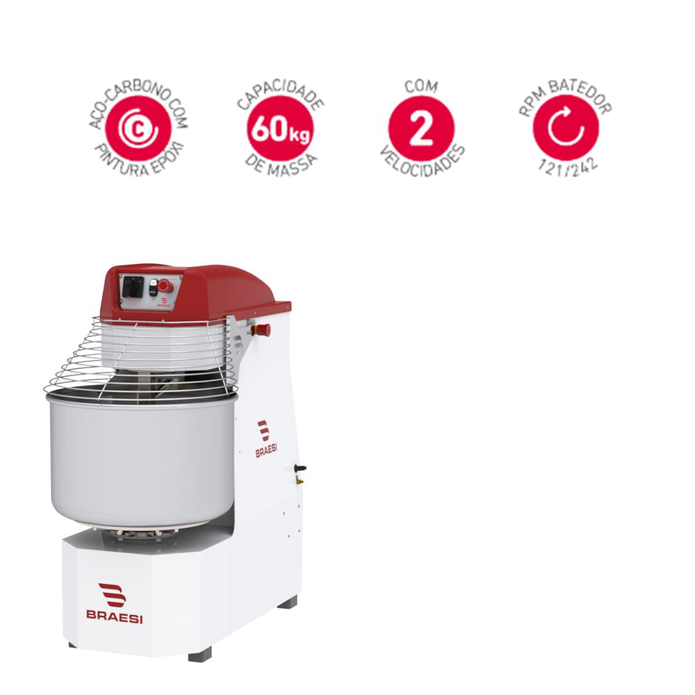Amassadeira Espiral 60 Kg Masseira Industrial Epóxi 2 Velocidades AES-60/1 G3 Trifásico 220T - Braesi B18478