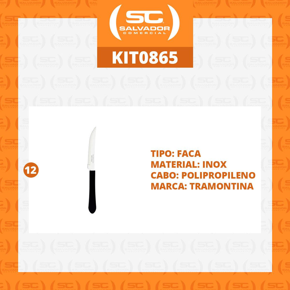 Kit 12 Facas para Churrasco Leme Com Lâmina em Aço Inox Cabo Preto FPBAG - Tramontina