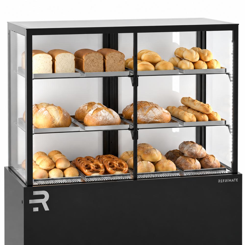 Detalhes da Confeitaria Refrimate CNVPS 1050 com prateleiras de vidro