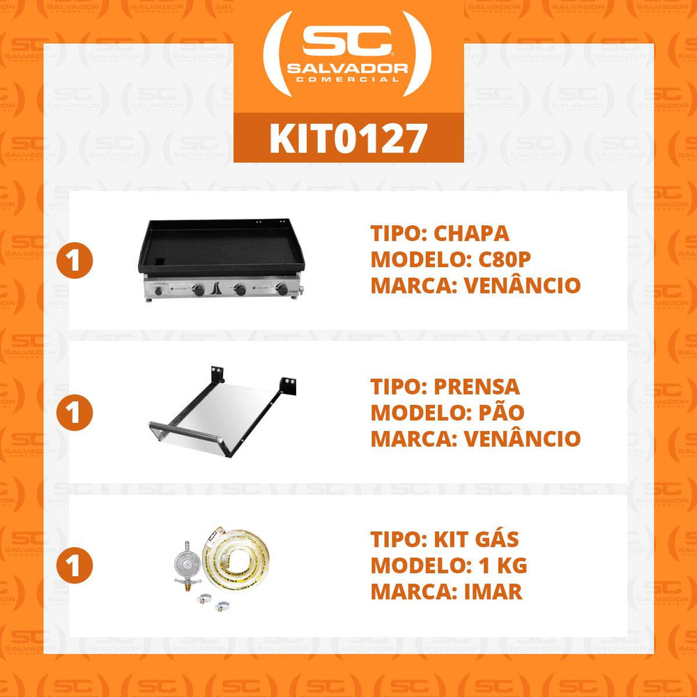 Kit Chapa Bifeteira A Gás Lisa 80cm Comercial Aço Carbono C80P 6,35mm C/Prensa + Kit Gás - Venâncio