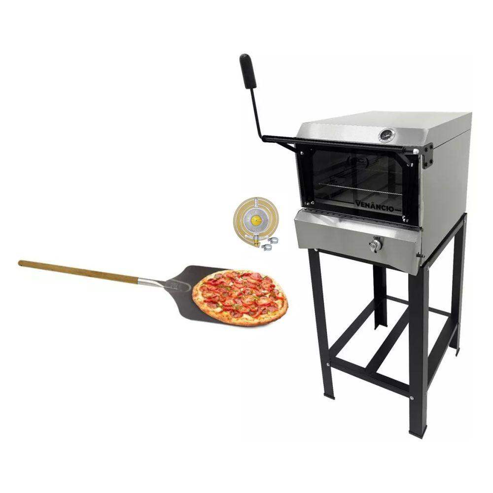 Kit Forno De Lastro a Gás Refratário Inox FIR80G Venâncio + Pá Para Pizza e Kit Gás