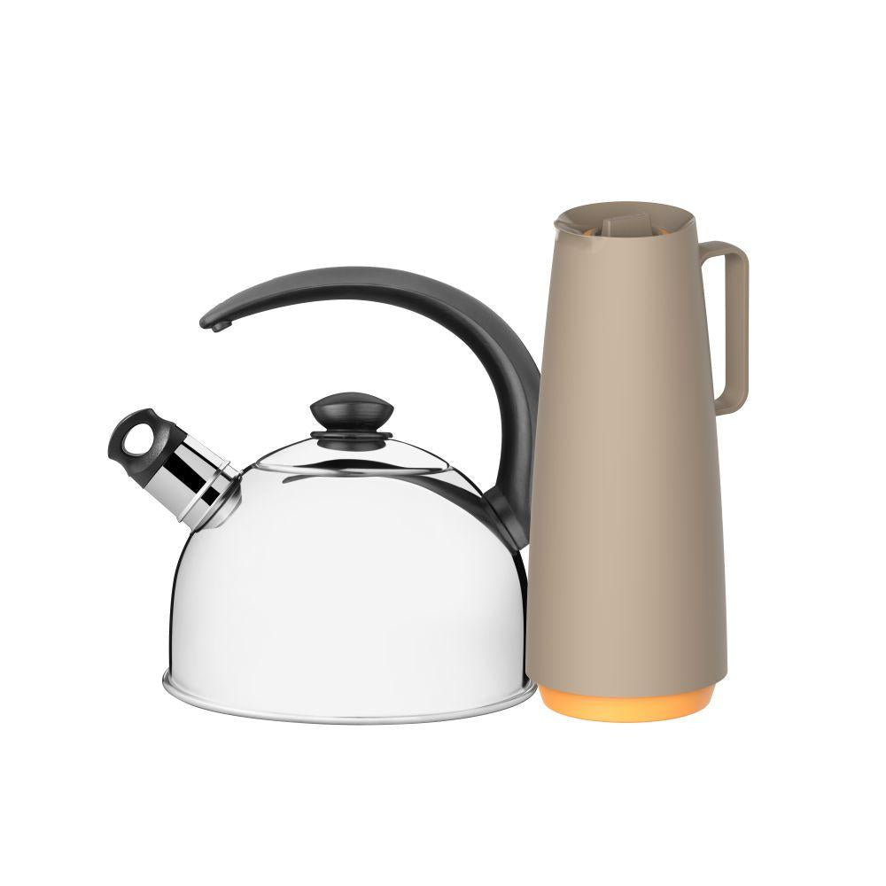 Chaleira em Aço Inox Com Apito  2,1l e Bule Garrafa Térmica 1l Bege Tramontina