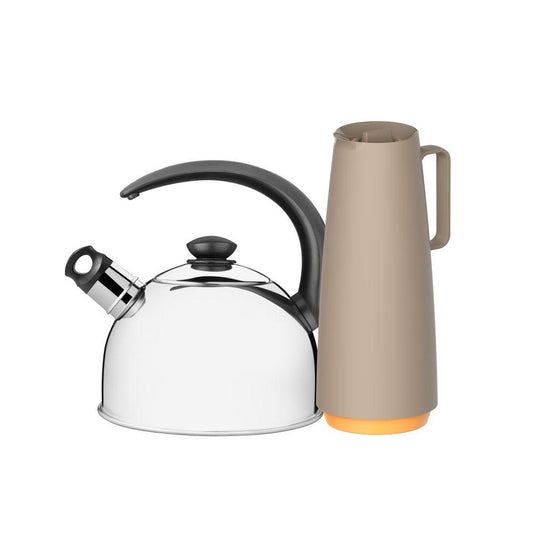 Chaleira em Aço Inox Com Apito  2,1l e Bule Garrafa Térmica 1l Bege Tramontina