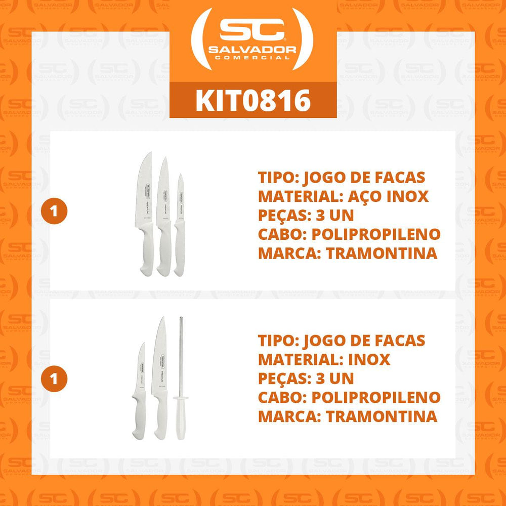 Kit Faqueiro Premium 3 Peças + 1 Jogo de Facas Com Chaira Premium 3 Peças - Tramontina