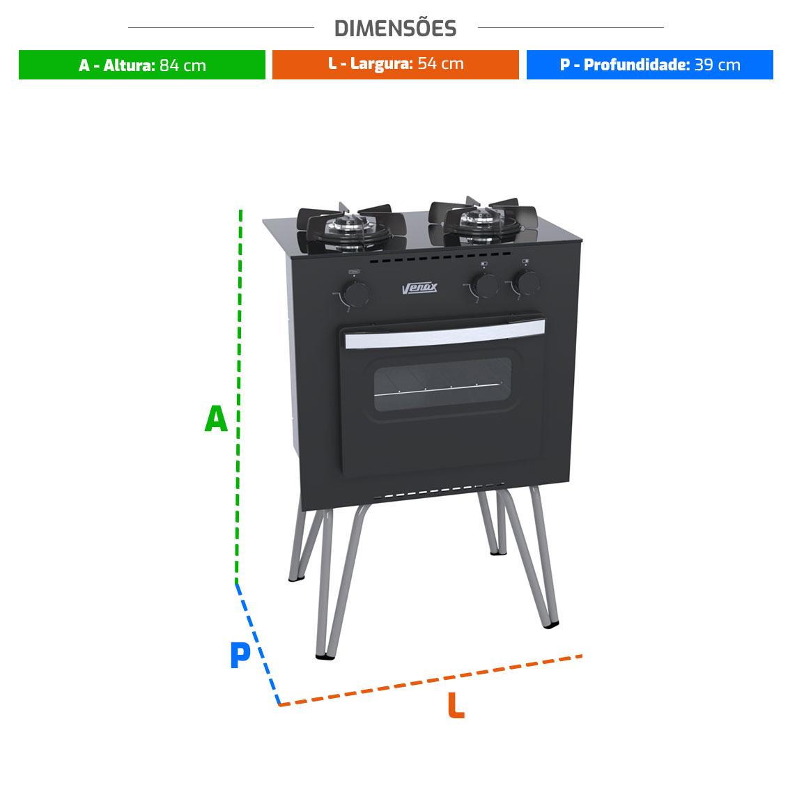 Fogão 2 Bocas Simples Mini Cook Preto Fosco Gás GLP Com Forno GMN200 - Venax 16251