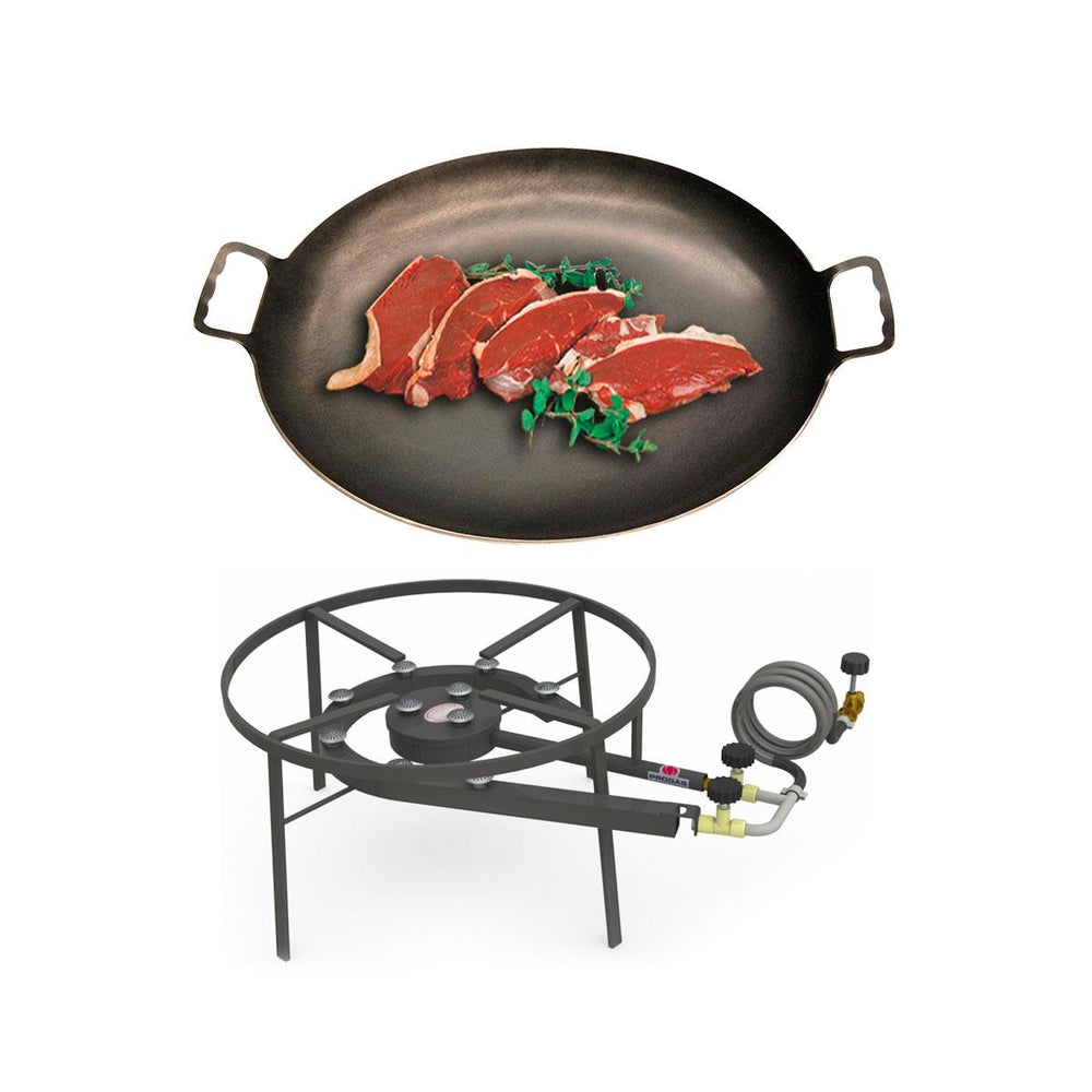 Kit Camping 5 - Fogareiro Fogão F2B10 Redondo 40cm Duplo de Mesa + Chapa Campeira 45cm – Progás