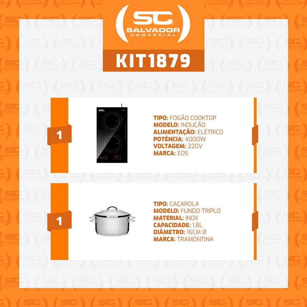 Kit Fogão Cooktop De Indução 2 Bocas Elétrico ECI02EP220V EOS + Caçarola Inox Solar Ø 16cm PIT4