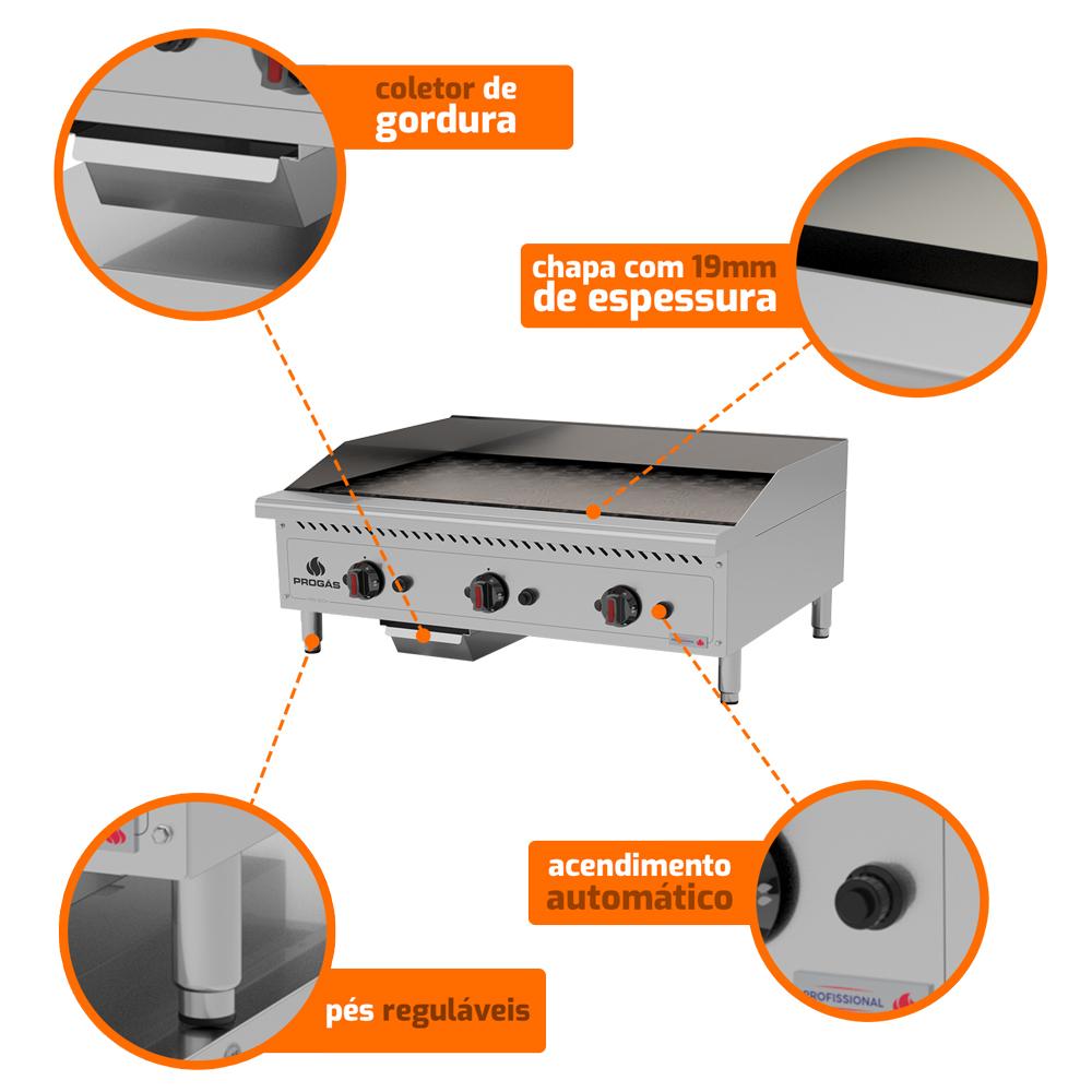 Chapa Lanche Bifeteira a Gás Profissional Para Lanchonetes Inox a Gás 90cm PRO-90CH - Progás P44604