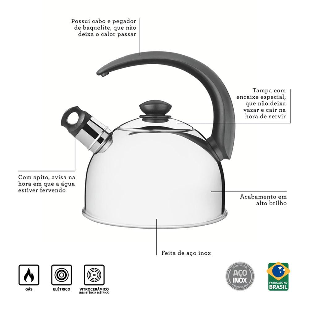 Chaleira em aço inox com Apito capacidade 2,1 Lts - Tramontina 61483013