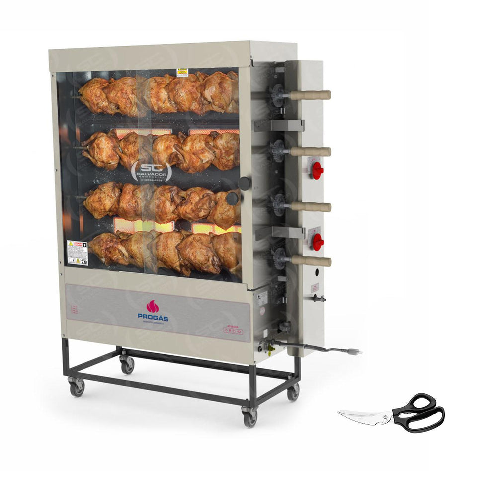 Assador de Frango Rotativo Profissional 4 Espetos Infravermelho PR-621 Bivolt Progás + Tesoura Multifuncional Tramontina