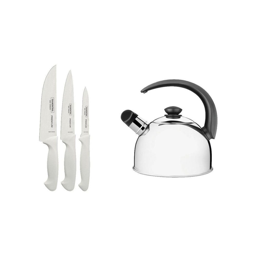 Kit Faqueiro Premium 3 Peças + 1 Chaleira Em Aço Inox 2,1Lts Com Apito - Tramontina