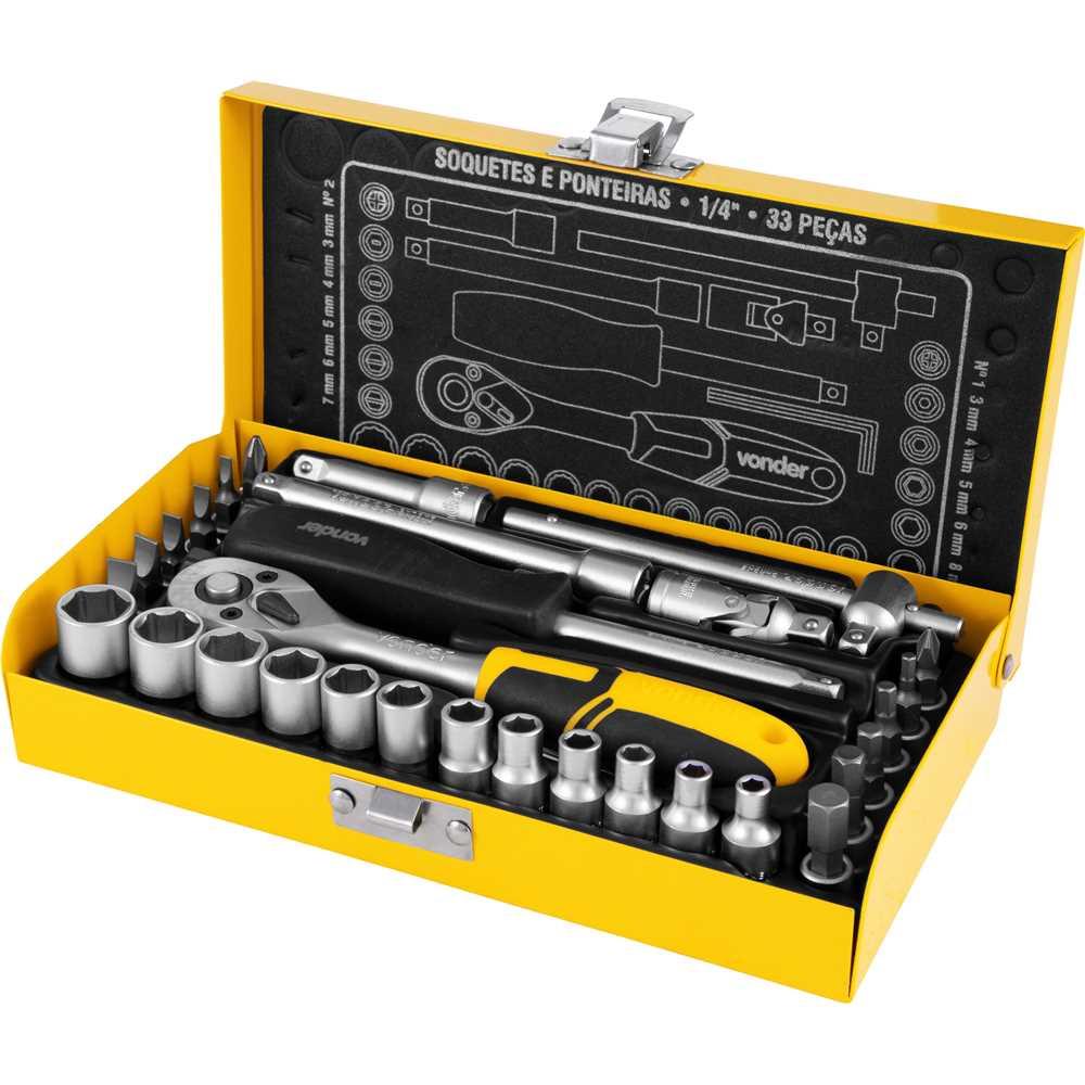 Jogo de Soquetes e Ponteiras Com Encaixe de 1/4"" 4mm a 13mm Com 33 Peças - Vonder 3029014033