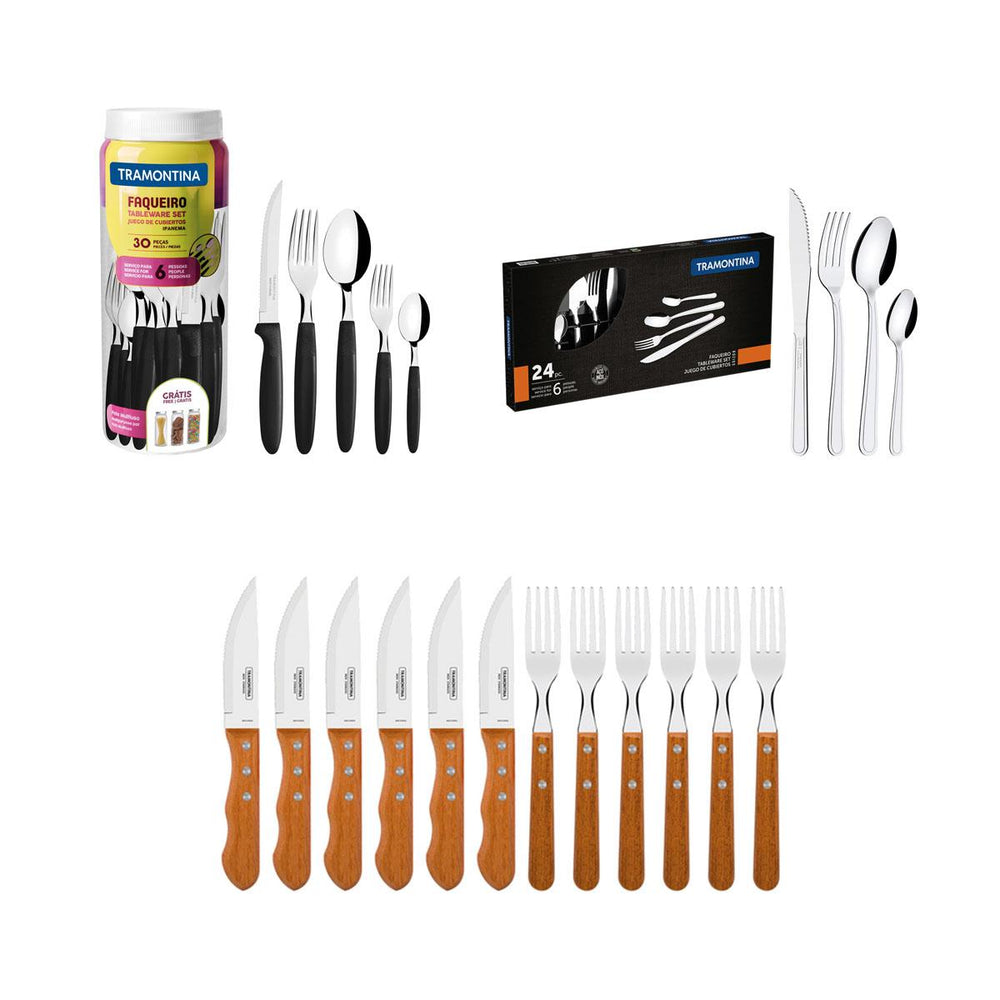 Kit Jogo de Churrasco Inox 12 Peças + 1 Faqueiro 30pç + 1 Faqueiro Inox 24pç - Tramontina