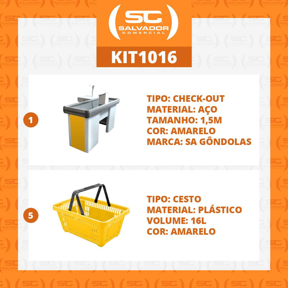 Kit Caixa De Supermercado Empacotador Check-Out 1,50m Recorte + 5 Cestos De Compras Amarelo