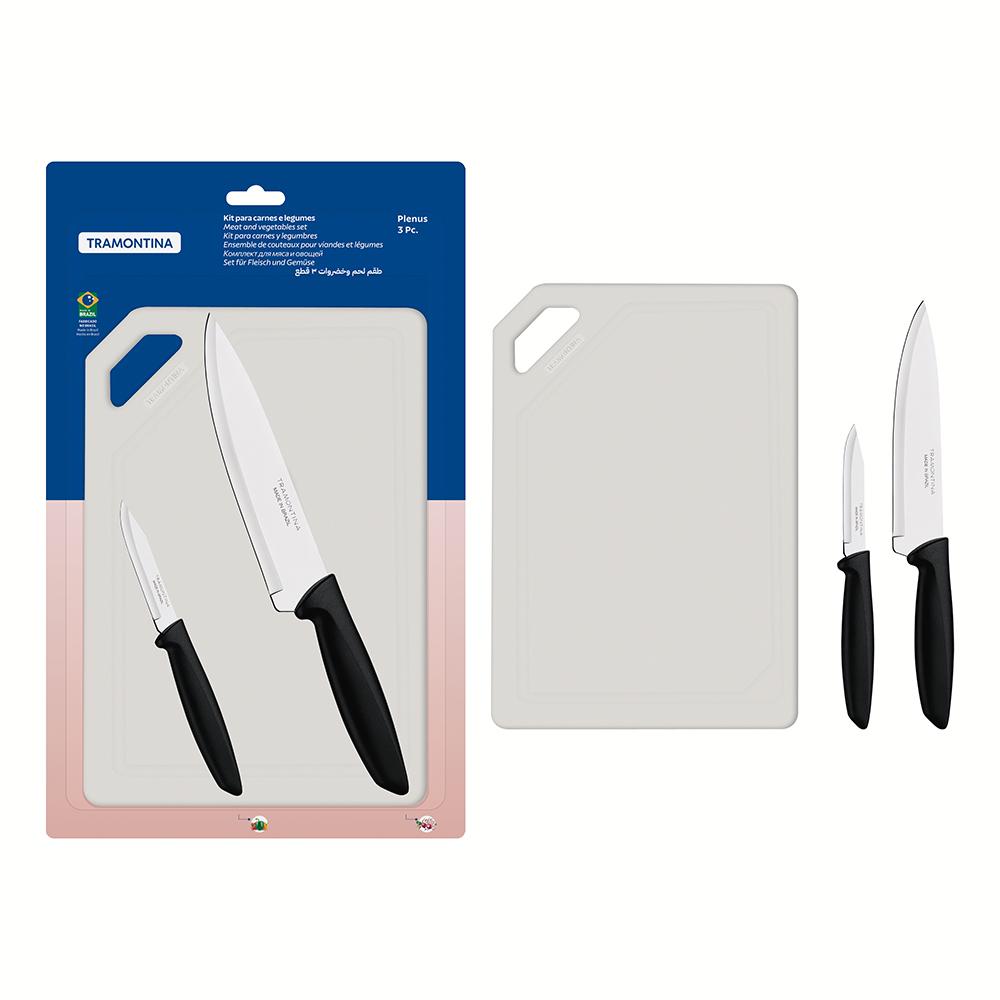 Kit Para Carnes e Legumes Plenus Lâminas Inox Cabos Preto e Tábua 3 Peças - Tramontina 23498014