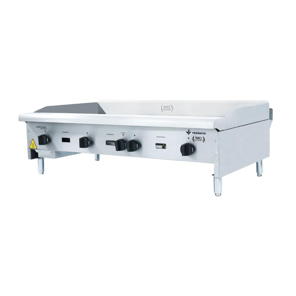 Chapa Americana Profissional 120cm a Gás 8mm Lisa Inox Com Pé Cgp120 e Espátulas - Venâncio