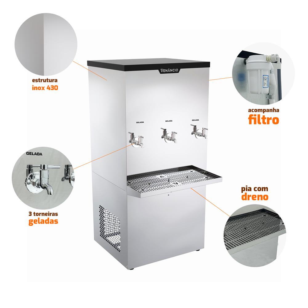 Bebedouro Industrial 100 Litros Refrigerado Inox 3 Torneiras BI100L 220V - Venâncio