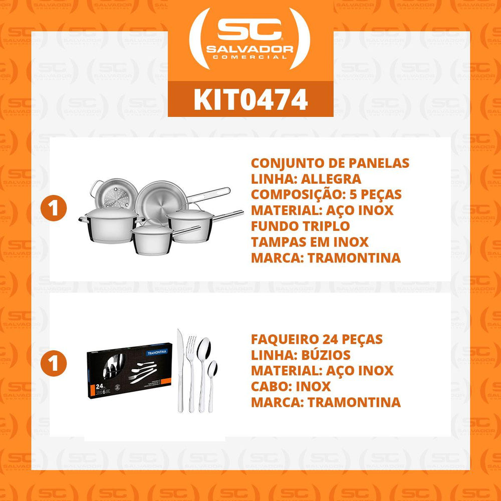 Kit Jogo de Panelas Allegra 5 Pçs Inox + Faqueiro Inox Buzios 24pçs - Tramontina