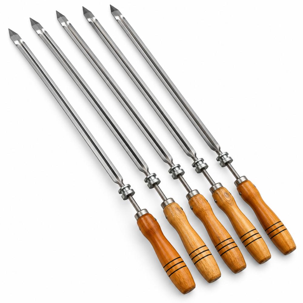 Conjunto de 5 Espetos Giratorios Simples Com Cabo de Madeira