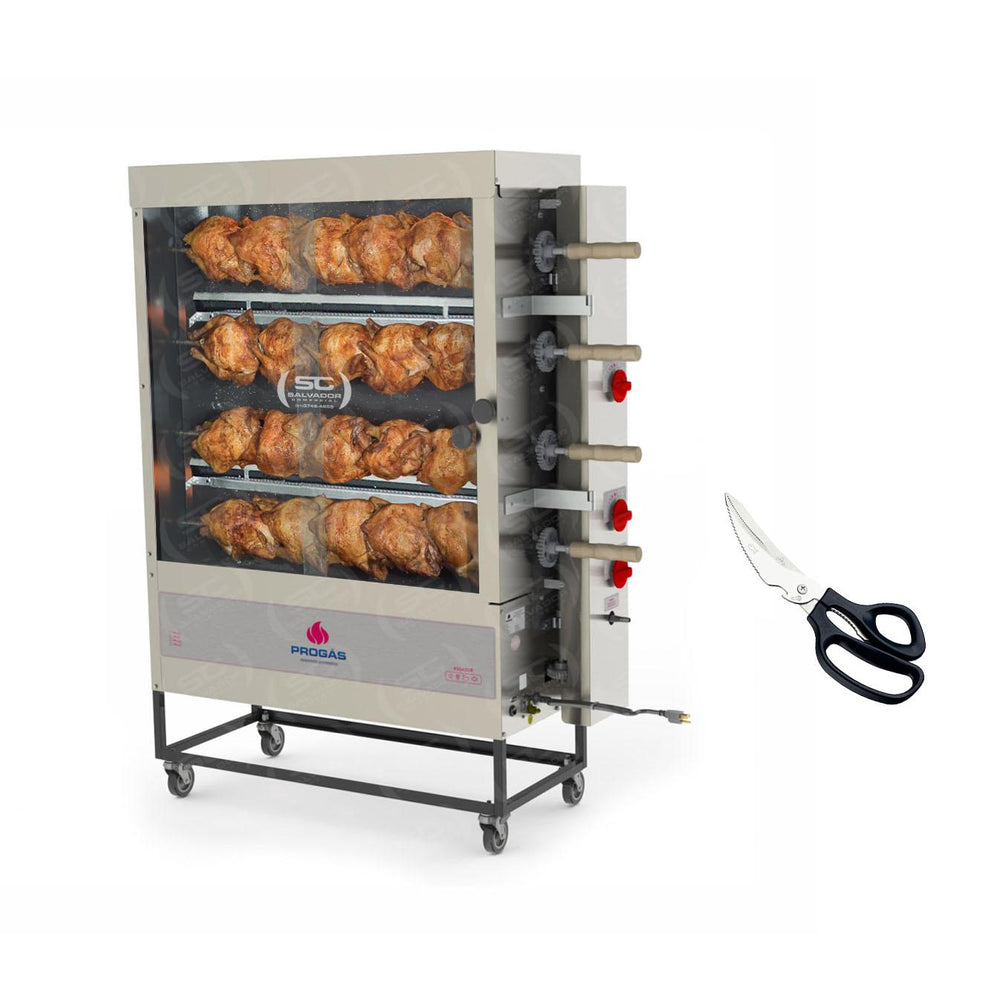 Assador de Frango Rotativo Profissional a Gás 4 Espetos Tubular PR-623 Bivolt Progás + Tesoura Multifuncional Tramontina