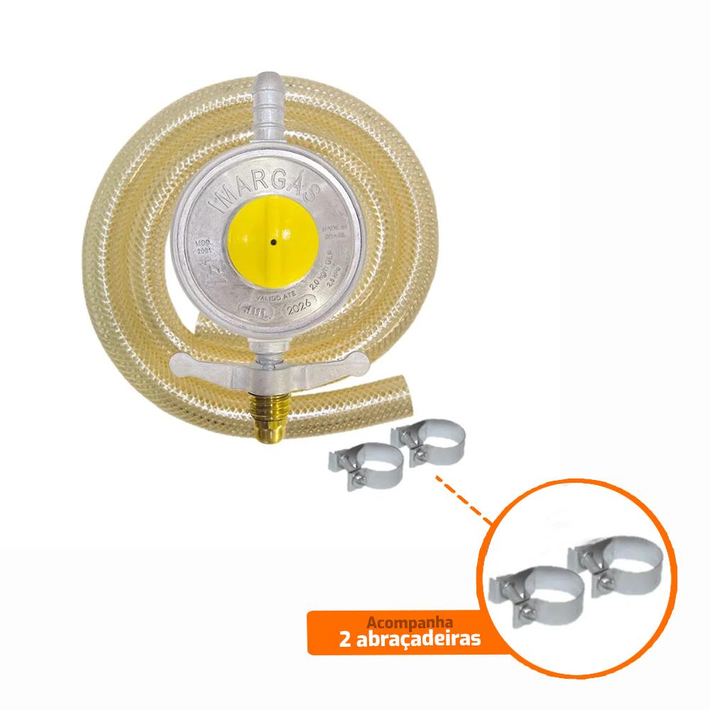 Kit Registro de Gás Completo Baixa Pressão 2kg Com Válvula, Mangueira 1,25m e 2 Abraçadeiras - Imar