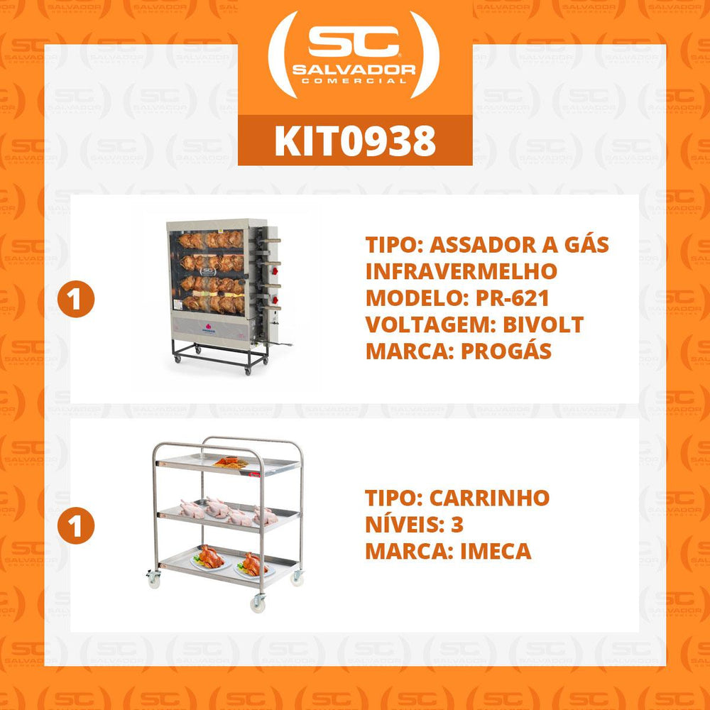 Assador de Frango Rotativo Profissional a Gás 4 Espetos Infravermelho PR-621 Bivolt Progás + Carrinho Inox e Níveis Imeca