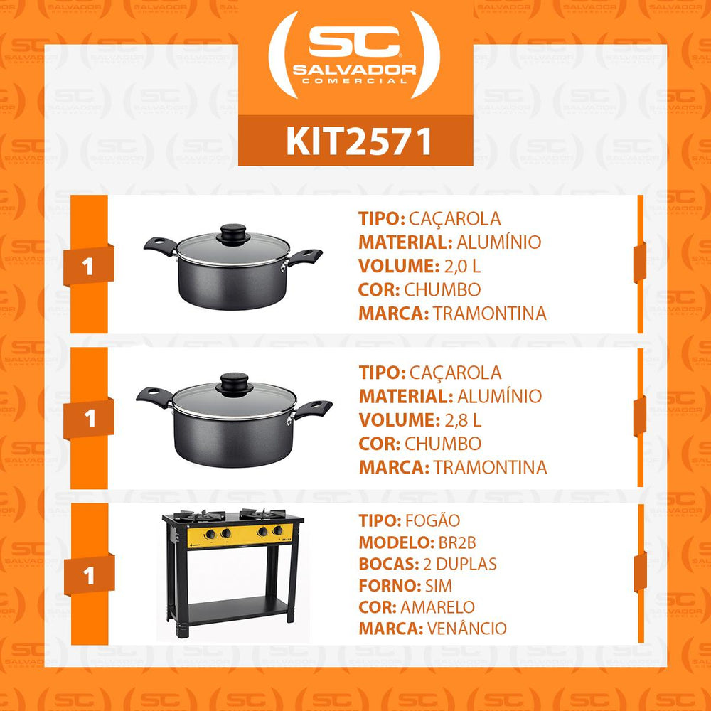 Kit Fogão Industrial 2 Bocas Bravo Amarelo Venâncio + 2 Caçarolas Tramontina Turim