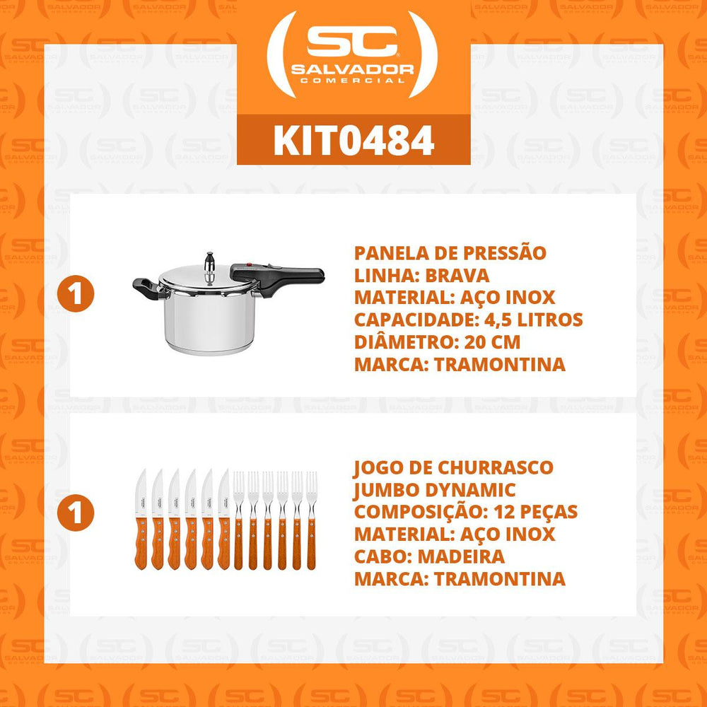 Kit - Panela de Pressão Inox 4,5l Brava + Jogo de Churrasco J.dynamic 12pçs - Tramontina