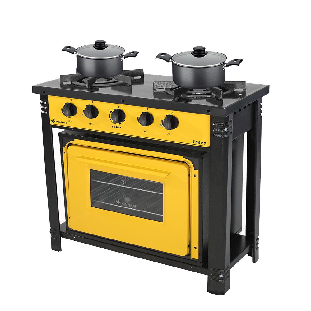 Kit Fogão Industrial 2 Bocas com Forno Bravo Amarelo Venâncio + 2 Caçarolas Tramontina Turim