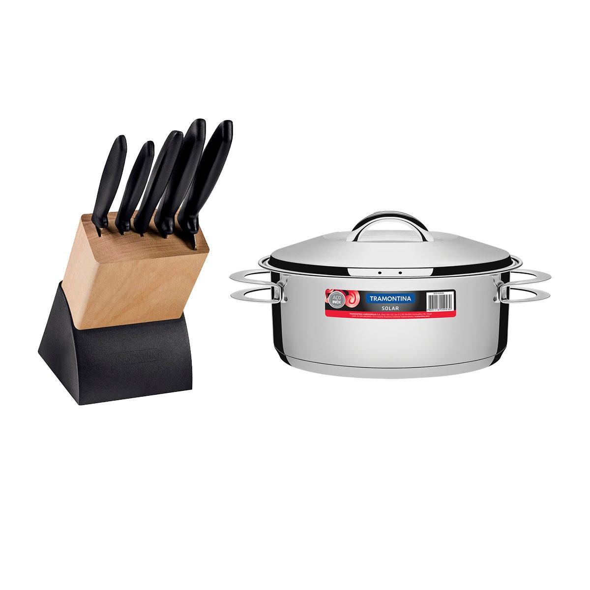 Kit Panela Aço Inox Solar 7,1 Litros + Faqueiro Plenus 6 Peças - Tramontina