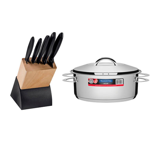 Kit Panela Aço Inox Solar 7,1 Litros + Faqueiro Plenus 6 Peças - Tramontina