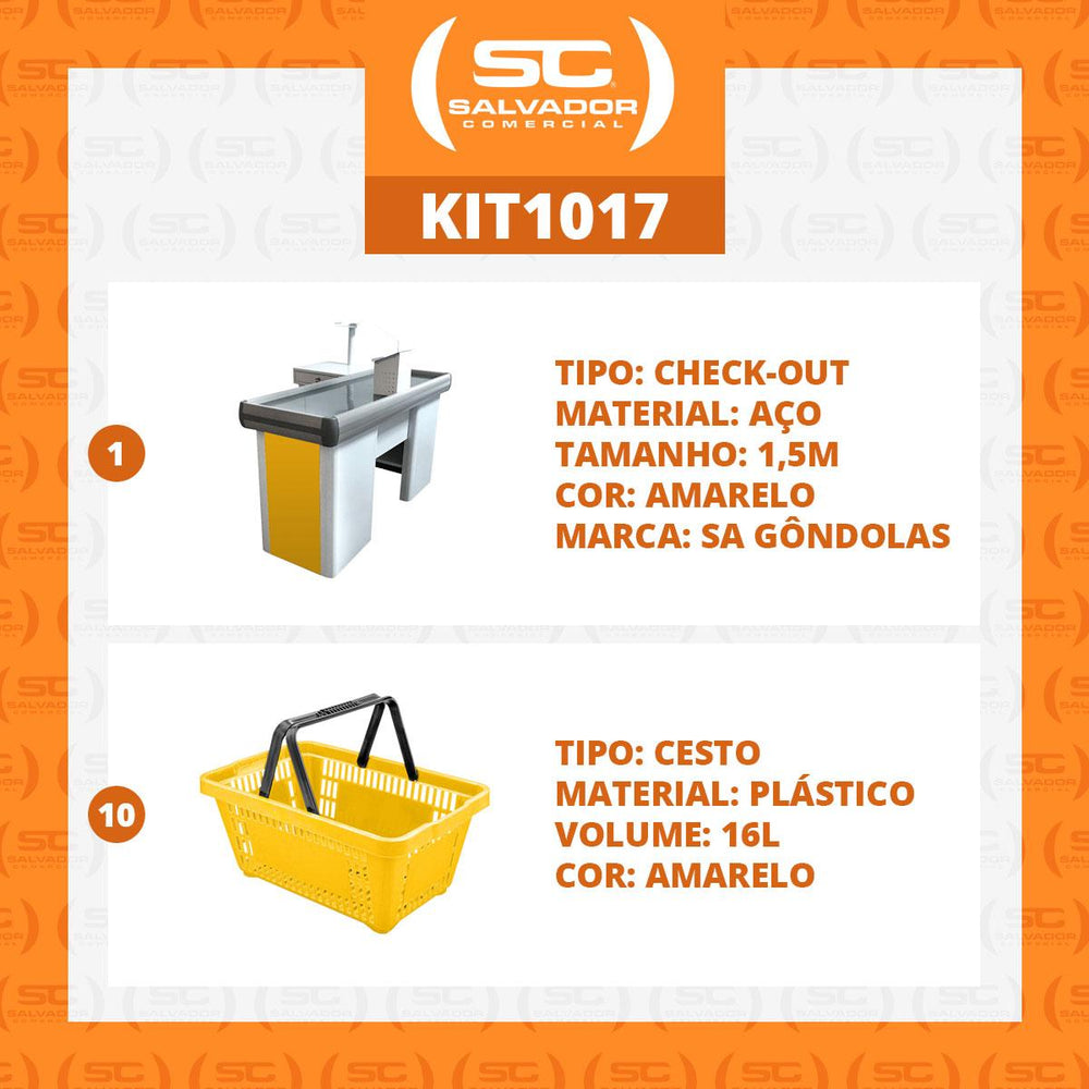 Kit Caixa De Supermercado Empacotador Check-Out 1,50m Recorte + 10 Cestos De Compras Amarelo
