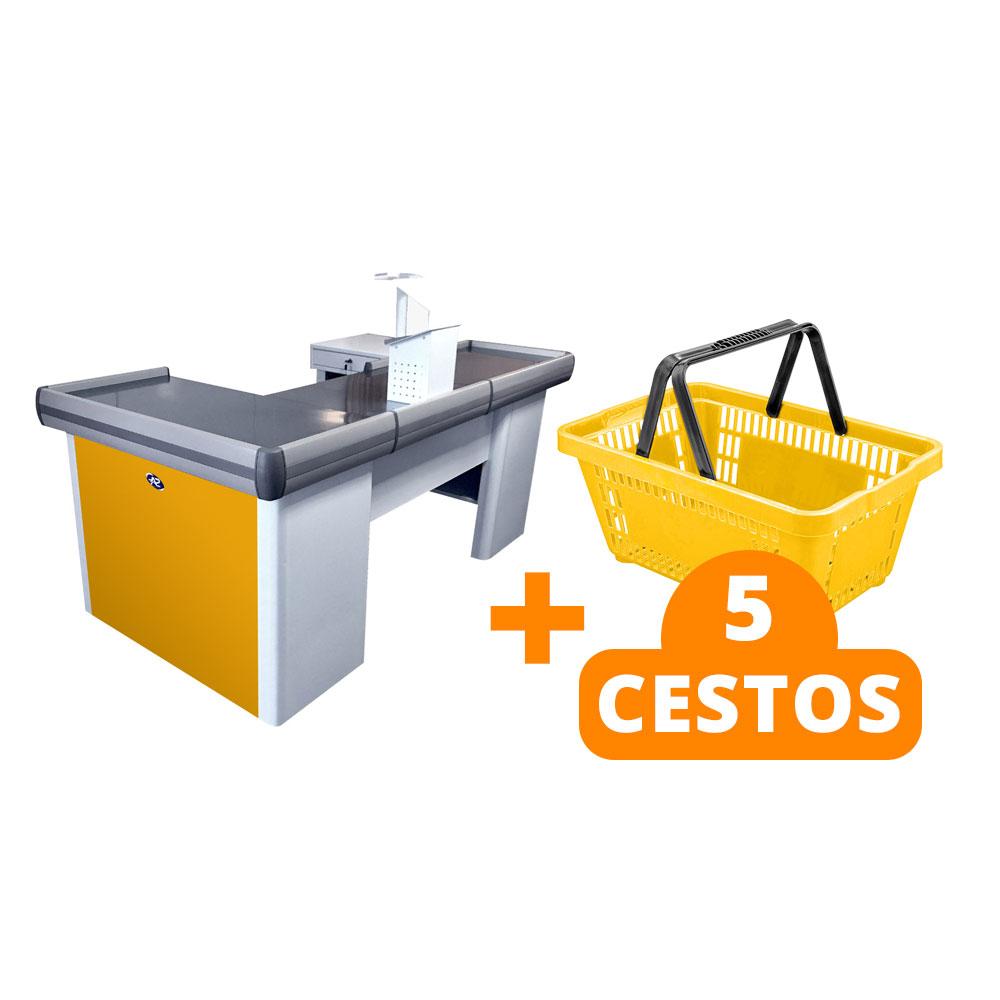 Kit Caixa De Supermercado Empacotador Check-Out 2,00m Recorte + 5 Cestos De Compras Amarelo