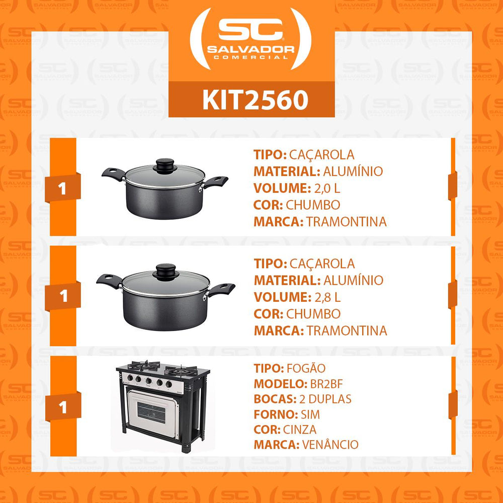 Kit Fogão Industrial 2 Bocas com Forno Bravo Cinza Venâncio + 2 Caçarolas Tramontina Turim