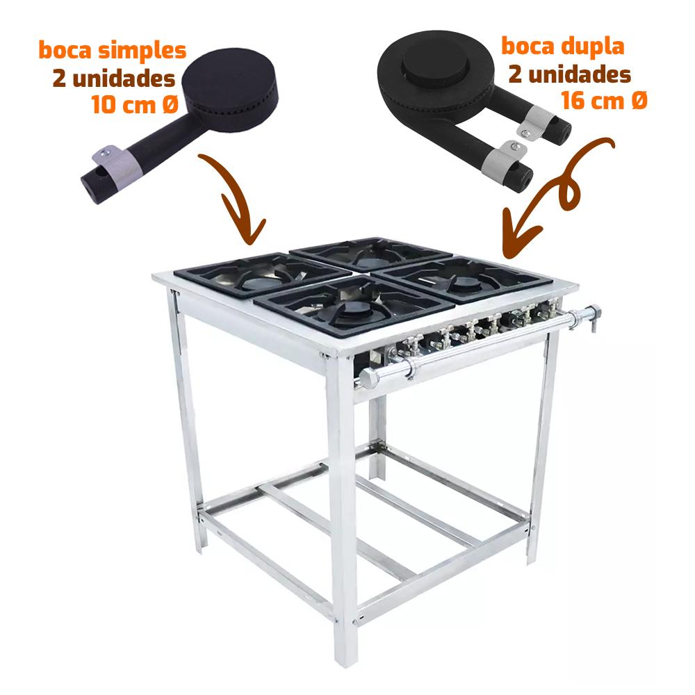 Fogão Industrial Extra Inox a Gás Baixa Pressão 4 Bocas 2 Duplas 30x30 Espera Ei4d2e - Venâncio
