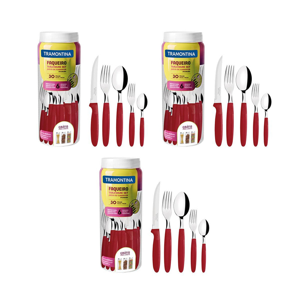 Kit 3 Faqueiros Inox 30 Peças Ipanema Vermelho - Tramontina