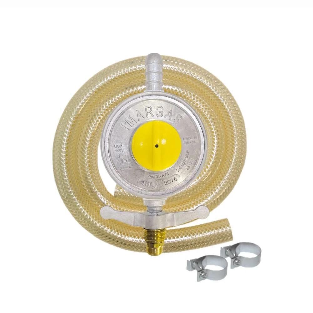 Kit Registro de Gás Completo Baixa Pressão 2kg Com Válvula, Mangueira 1,25m e 2 Abraçadeiras - Imar