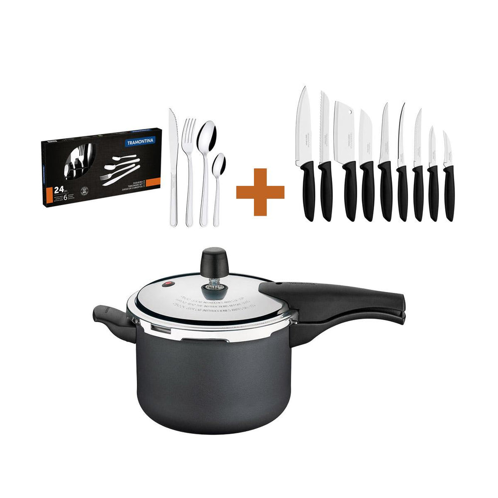 Kit Panela de Pressão 4,5 Grafite + 1 Conjunto Facas 9pç + 1 Faqueiro Inox 24pç - Tramontina