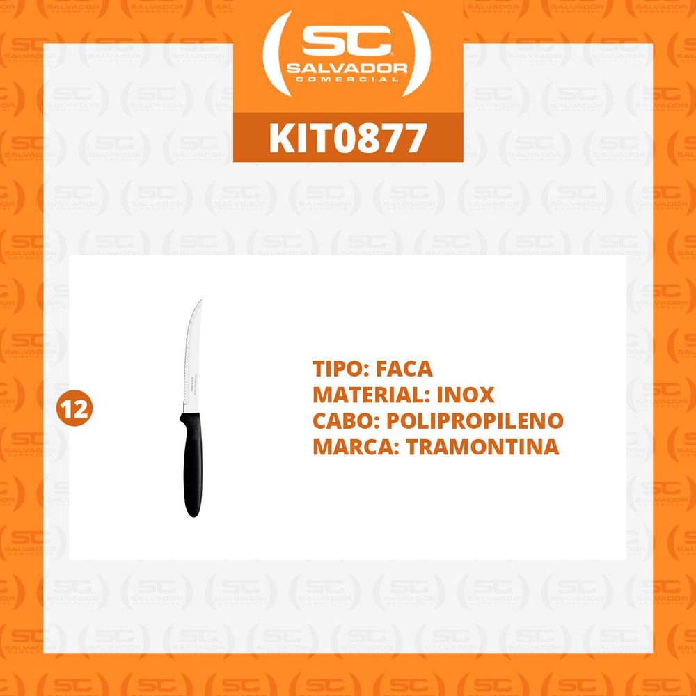 Kit 12 Facas para Churrasco Ipanema Com Lâmina em Aço Inox Cabo Preto FPTOP - Tramontina