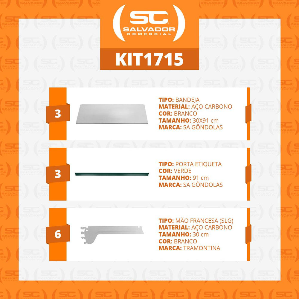 Kit 3 Bandejas Prateleira 30x91 para Gôndolas New Plus Com Porta Etiqueta Verde - SA Gôndolas