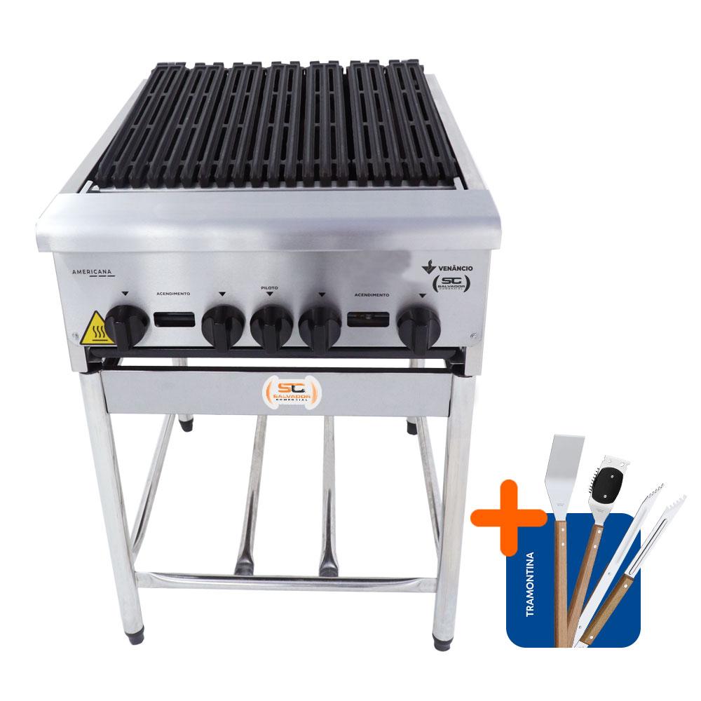 Chapa Char broiler Americana Profissional Grill 60cm Gás Inox Com Pé Cggp60 e Utensílios - Venâncio