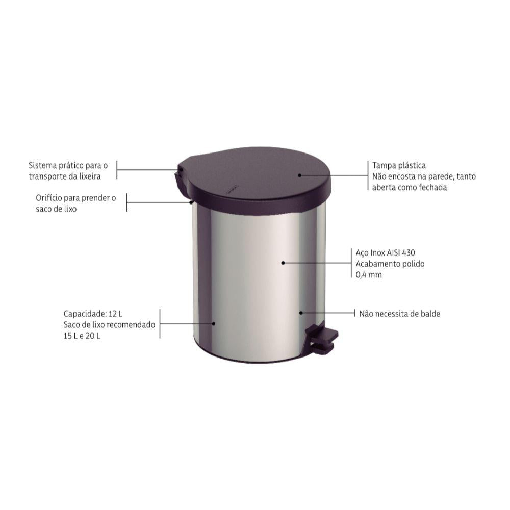 Lixeira Com Pedal em Aço Inox Com Acabamento Polido New 12 Litros - Tramontina 94538712